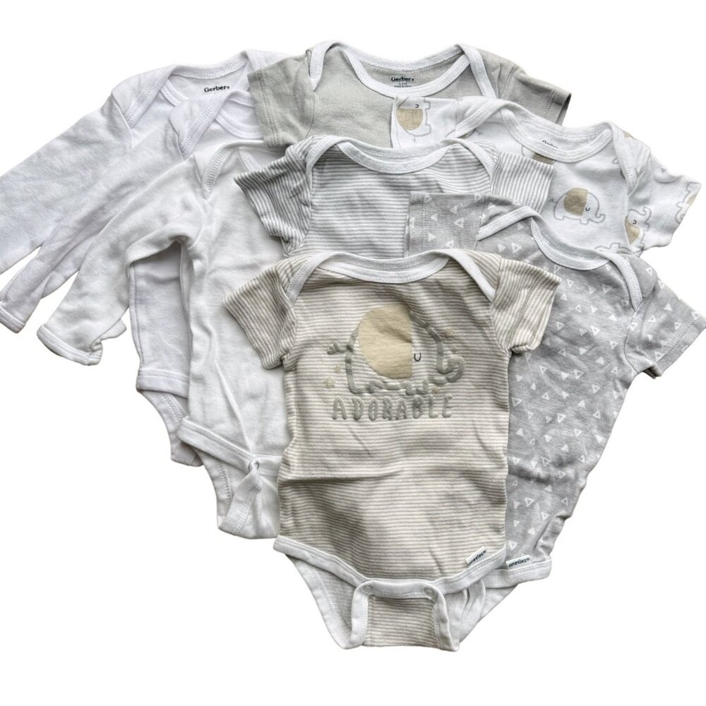 Gerber Baby Onesies 0-3 Months Set of 8 Cotton Blend Neutral Colors & Cute Eleph